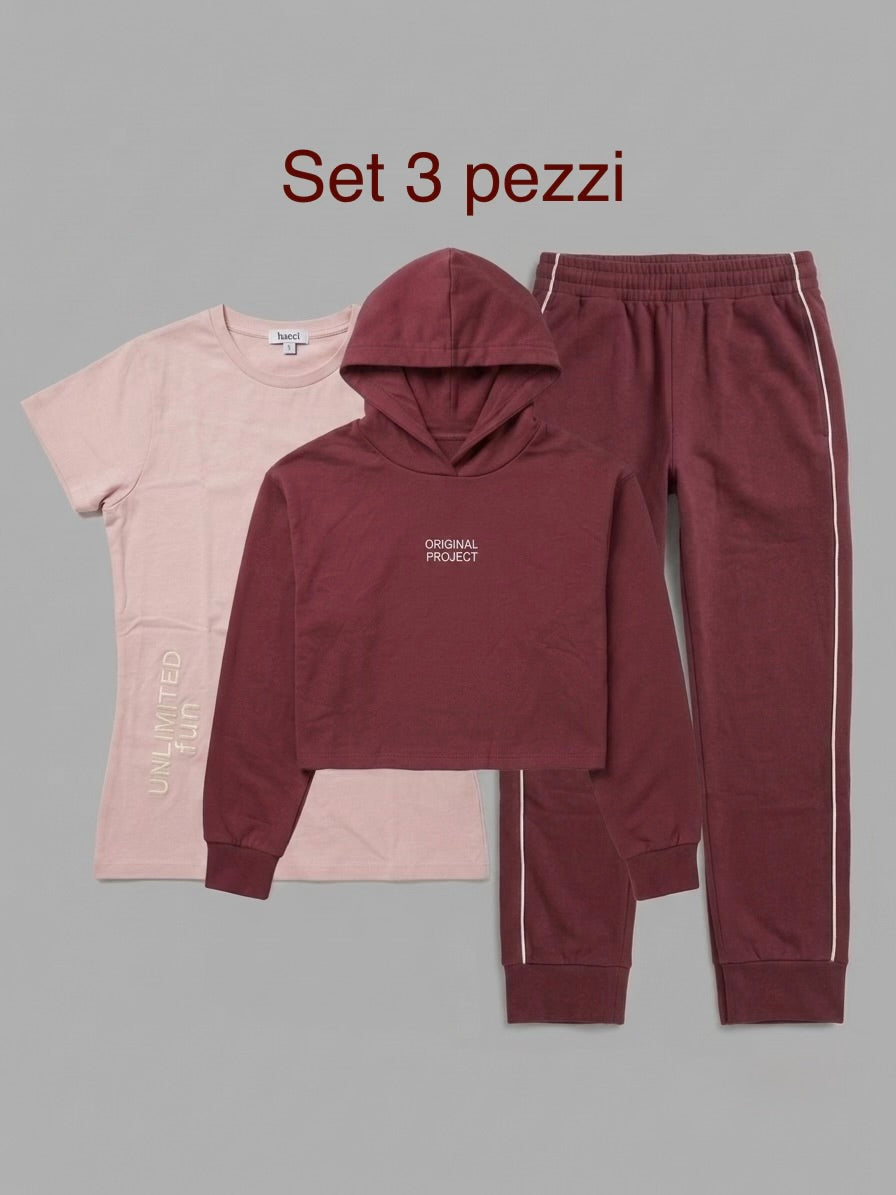 Completo Felpato con Felpa Crop e Leggings Bordeaux e Rosa