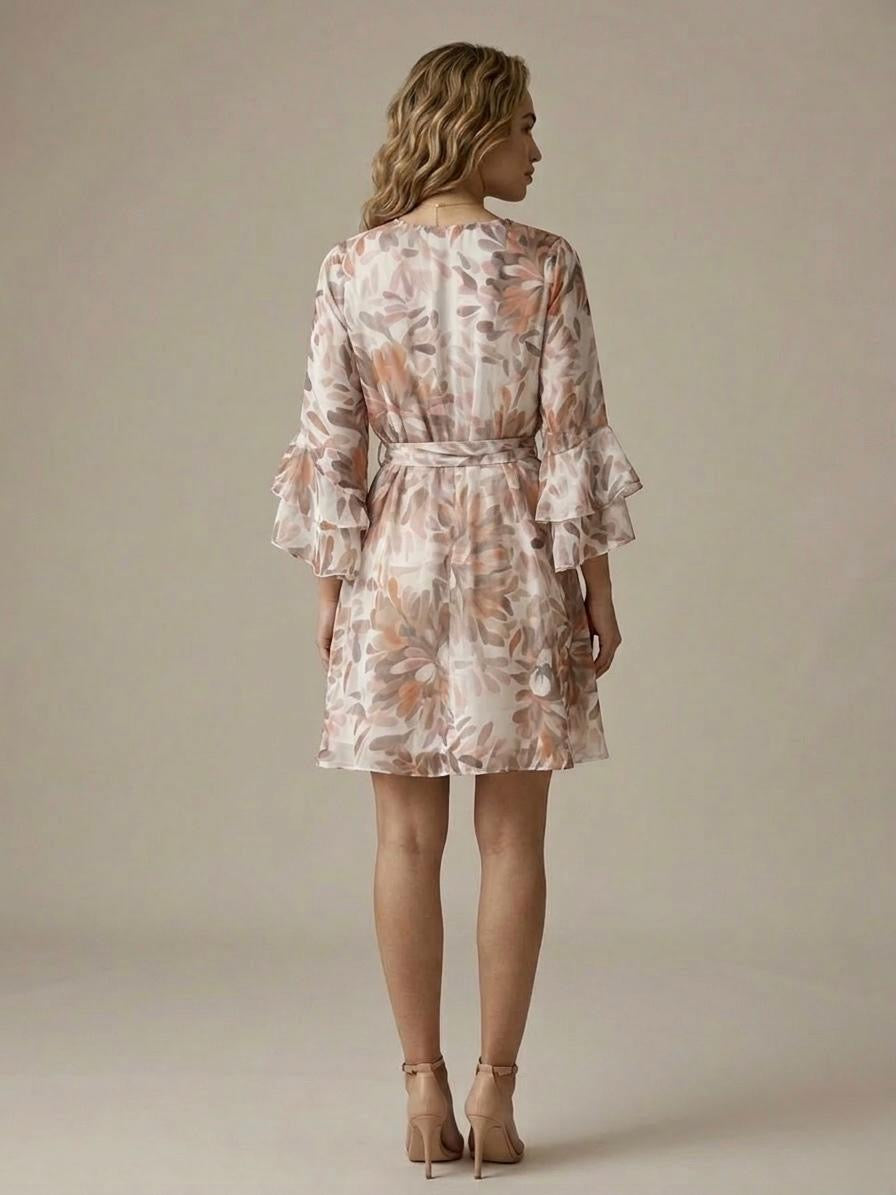 Abito Midi Scollo Incrociato con Stampa Floreale Astratta Rosa