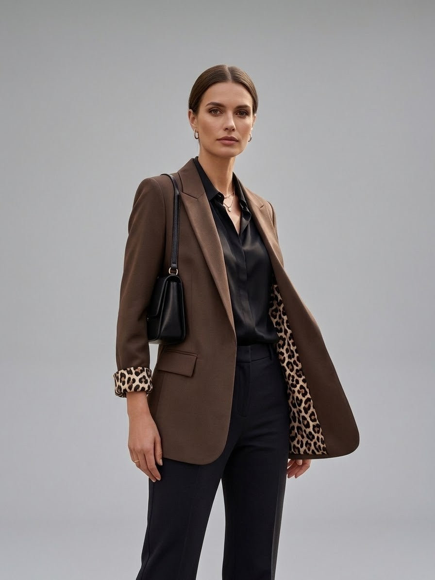 Blazer Donna Parigi Leo Marrone Con Fodera Leopardata