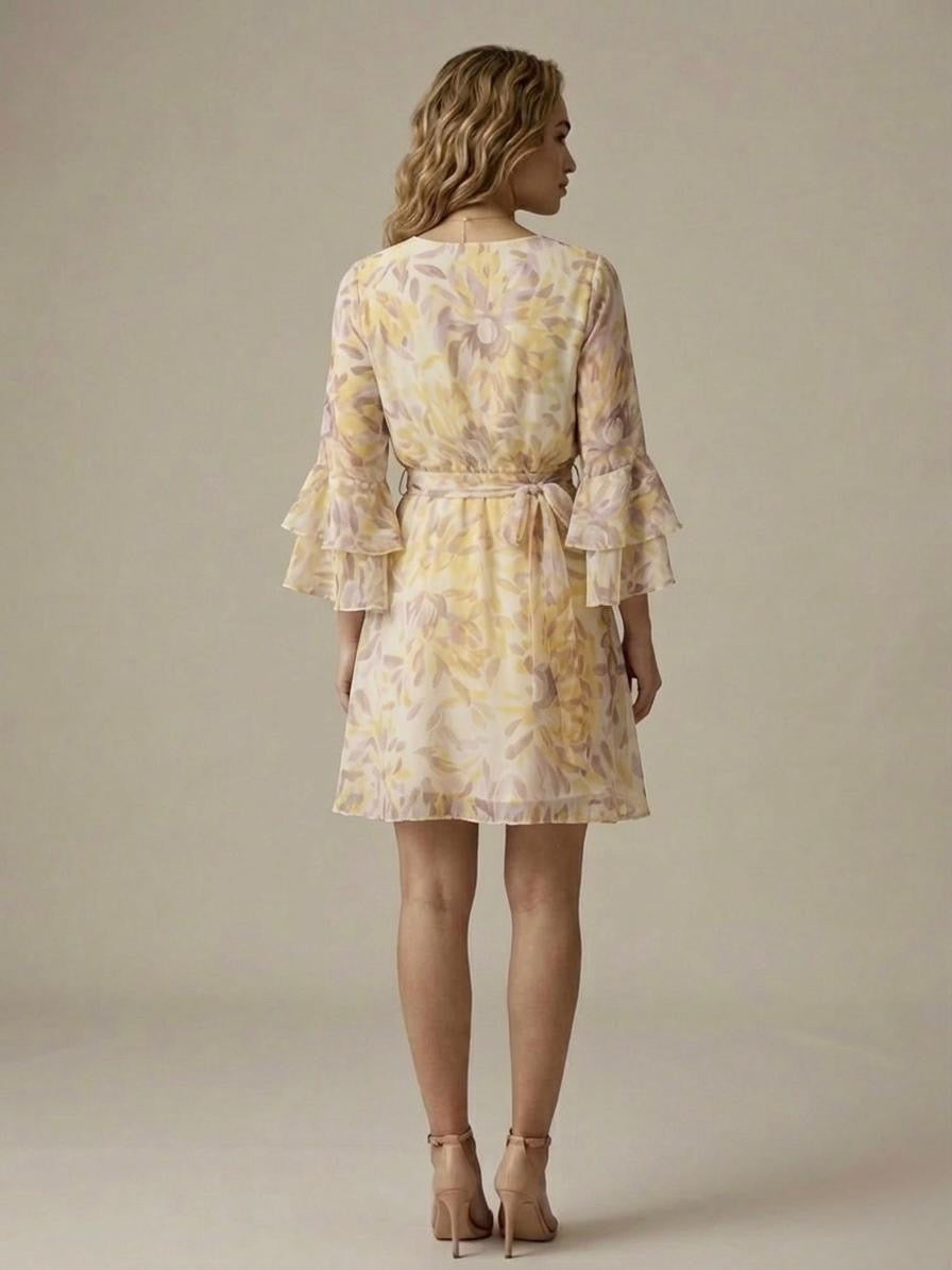 Abito Midi Scollo Incrociato con Stampa Floreale Astratta Giallo