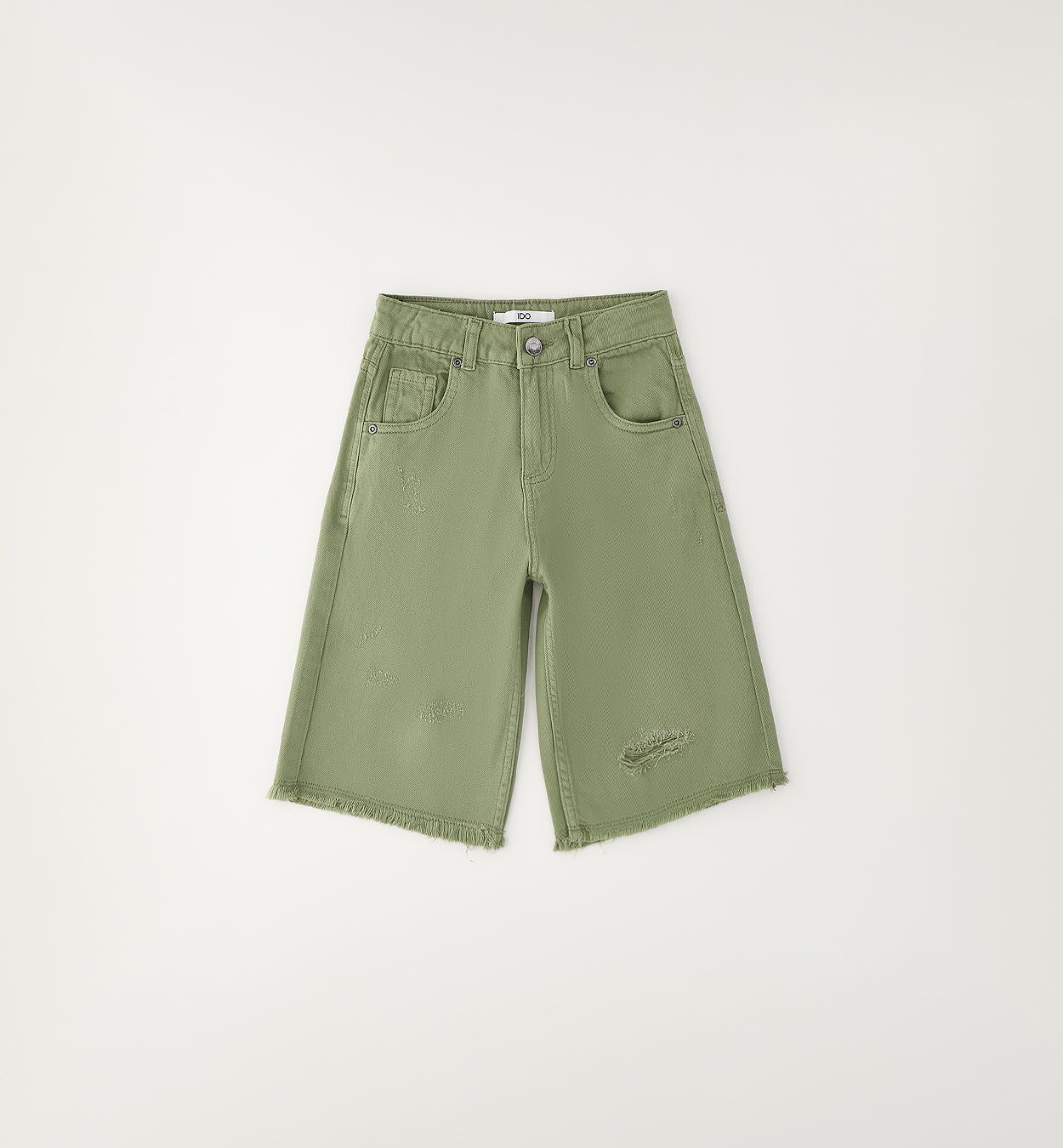 Shorts in Denim con Dettagli Distressed Verde Oliva