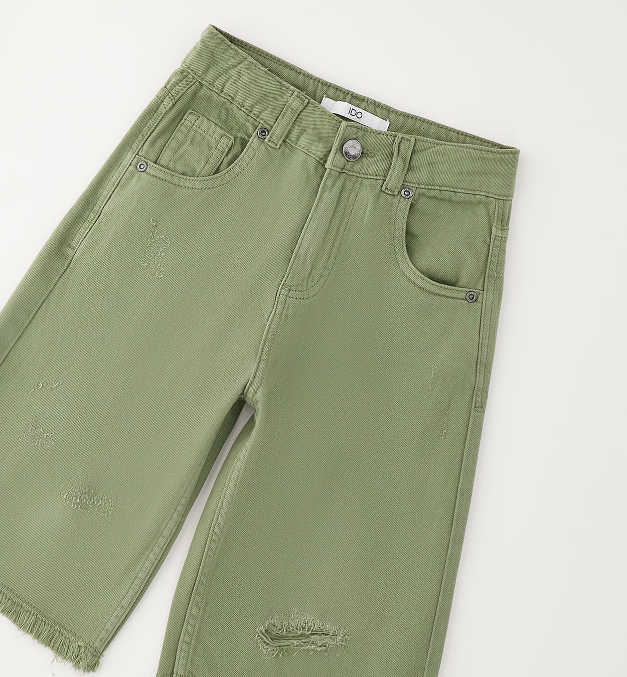 Shorts in Denim con Dettagli Distressed Verde Oliva