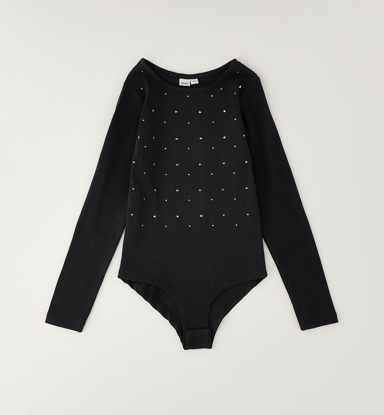 Body da Ragazza Nero a Costine – Manica Lunga con Strass e Micro Borchiette