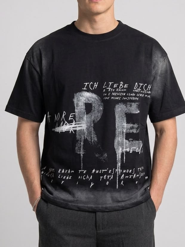 T-Shirt Uomo City Boxy Fit in 100% Cotone Nero lavato con Grafica Street Art