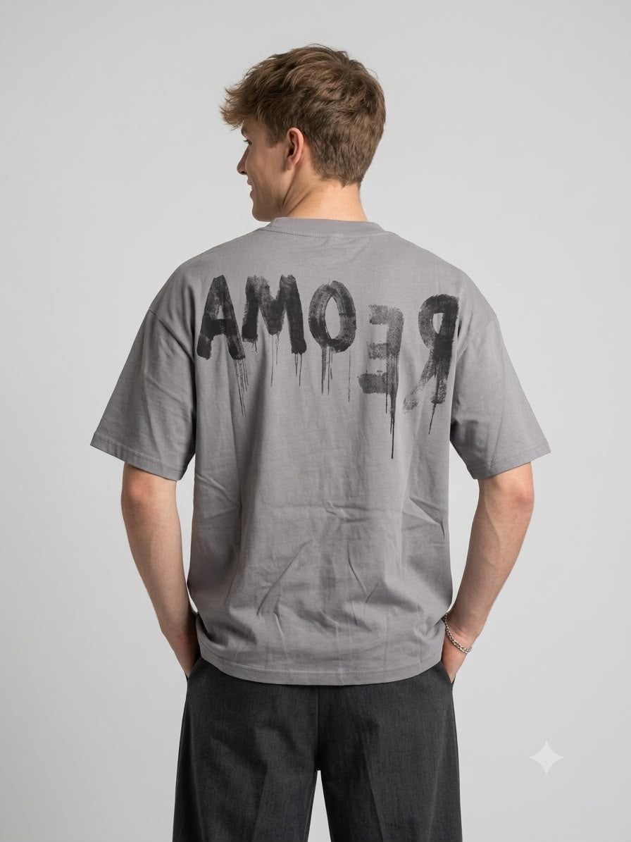T-Shirt Uomo City Boxy Fit in 100% Cotone Grigio lavato con Grafica Street Art