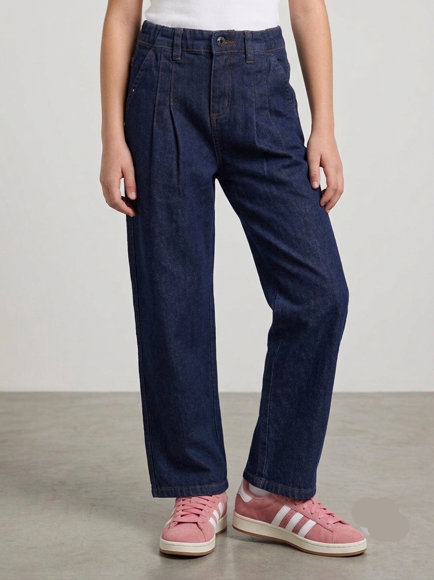 Jeans Costanza Wide Leg da Ragazza in Denim Blu Scuro con Pence