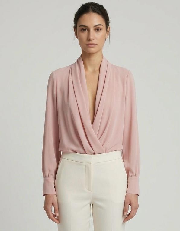 Blusa Body in Chiffon con Scollo a Incrocio Rosa Cipria