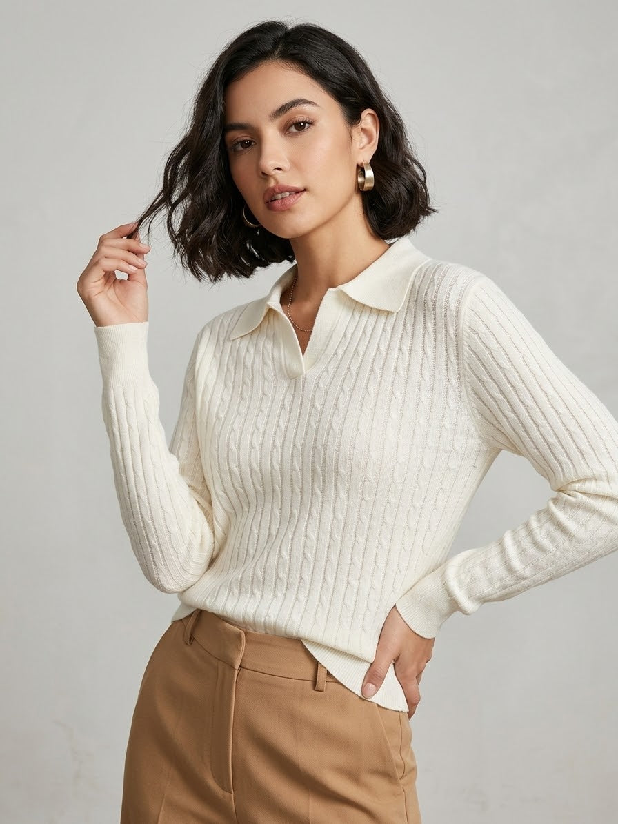 Maglia Polo Donna Giselle in Misto Lana e Viscosa Panna
