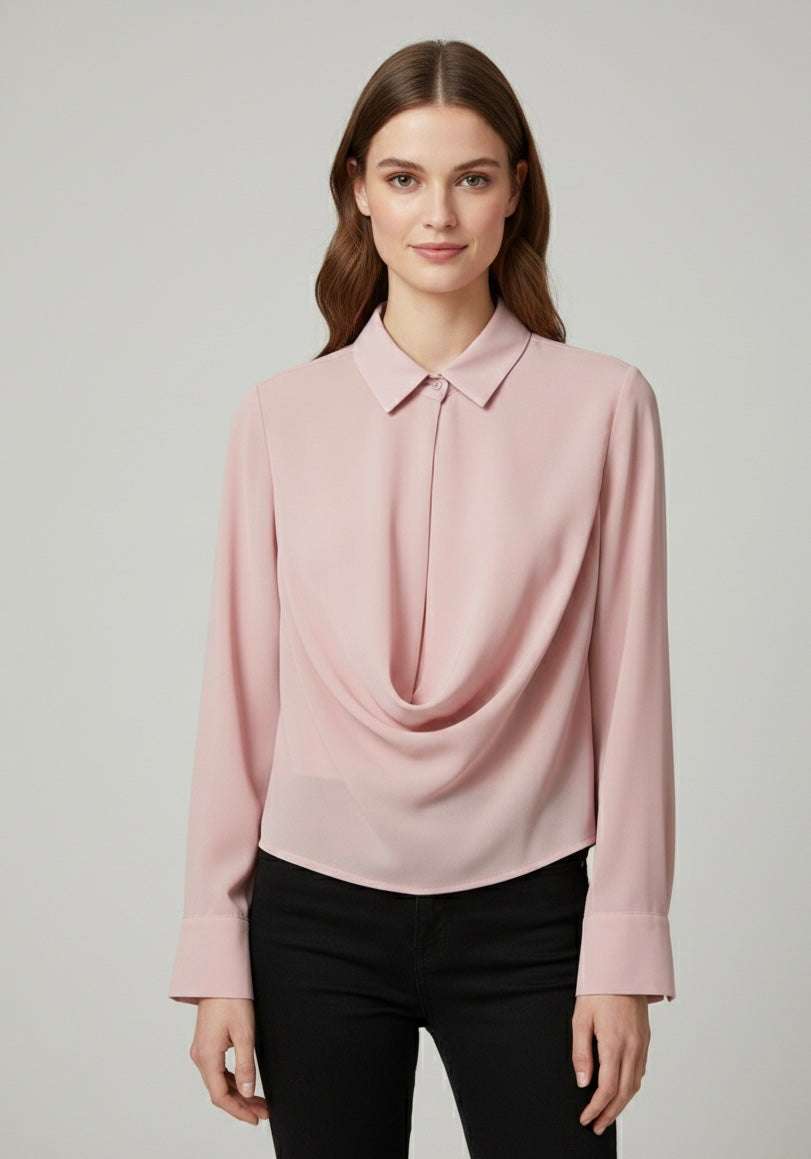 Camicetta Silk-Touch con Scollo a Drappeggio e Taglio Cropped Rosa
