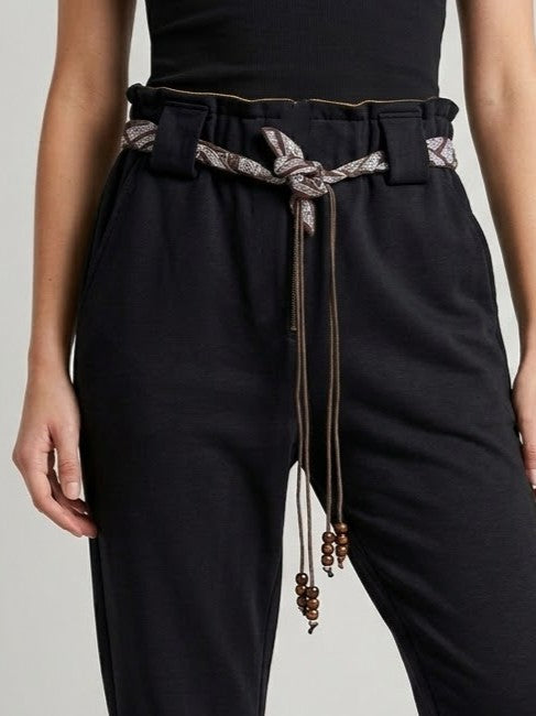 Pantaloni Neri Donna in Cotone garzatoElasticizzato con Cintura a Cordoncino