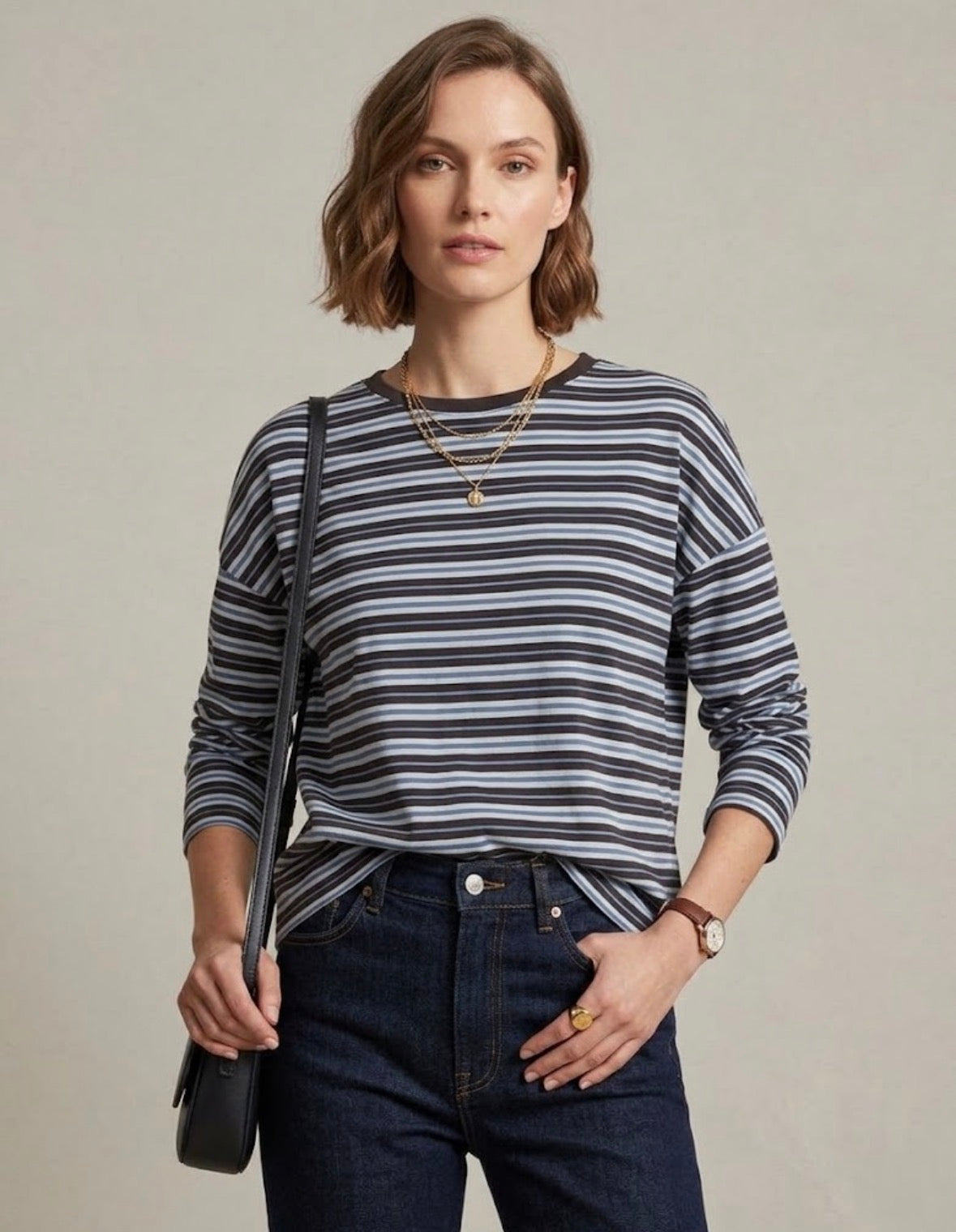 Maglia a Manica Lunga Eiffel a Righe Blu e Marrone Viscosa