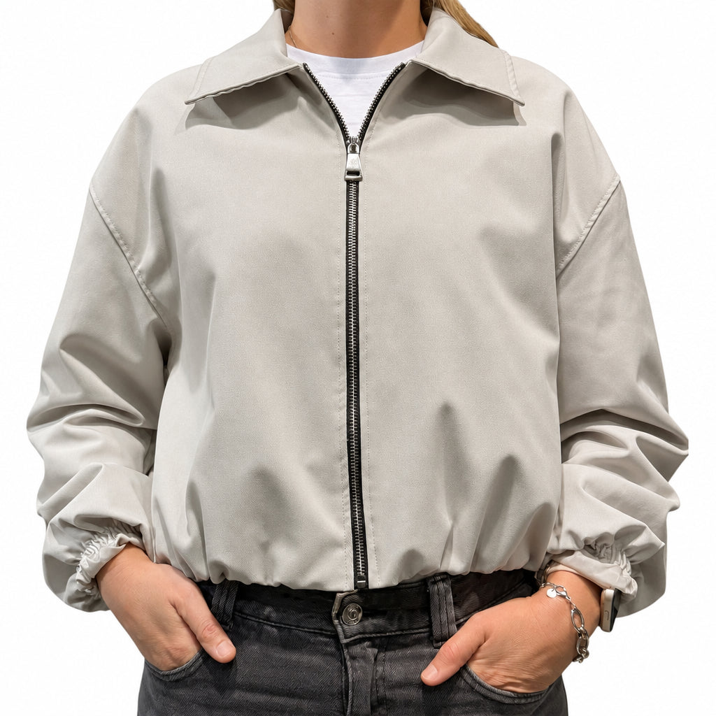Giacca Bomber Stefy Panna Beige con Zip Frontale e Fodera Interna