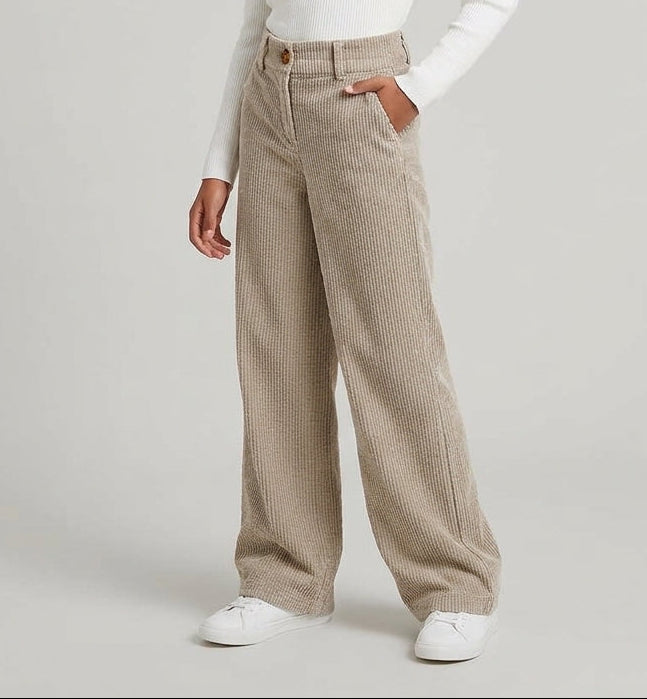 Pantaloni Marlene in Velluto a Coste Beige a Gamba Larga