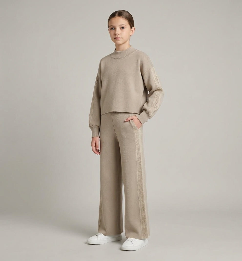 Completo Adele Beige in Maglia con Pullover e Pantalone Wide Leg