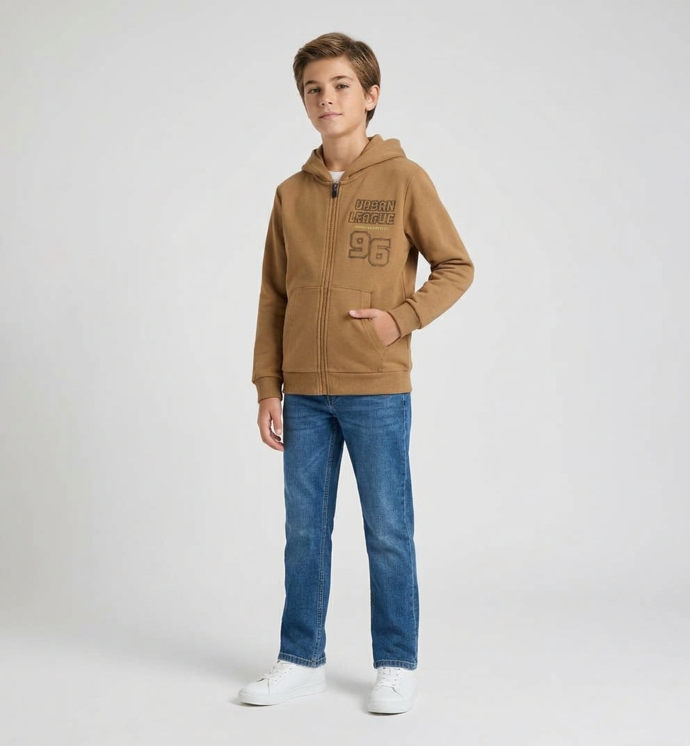 Felpa Atene Felpata con Zip e Cappuccio Nocciola Camel