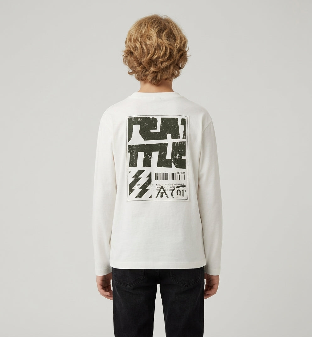 T-Shirt Manica Lunga Trevor in Cotone con Maxi Grafica Poster Bianca