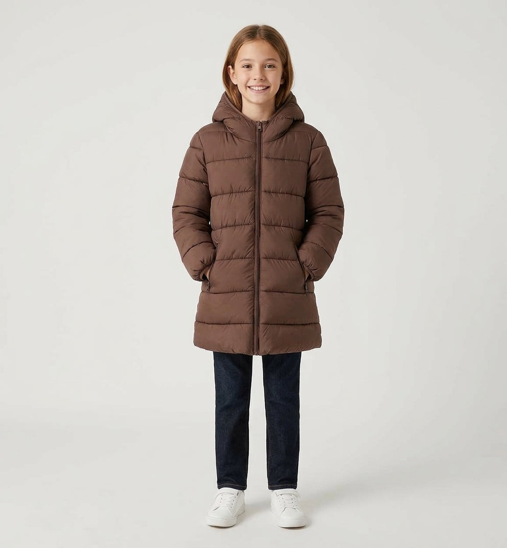 Giubbotto Piumino Rachele Imbottito con Cappuccio e Fodera Fleece Marrone