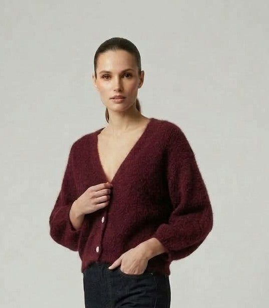 Cardigan Crop Marais in Maglia Soffice Bordeaux