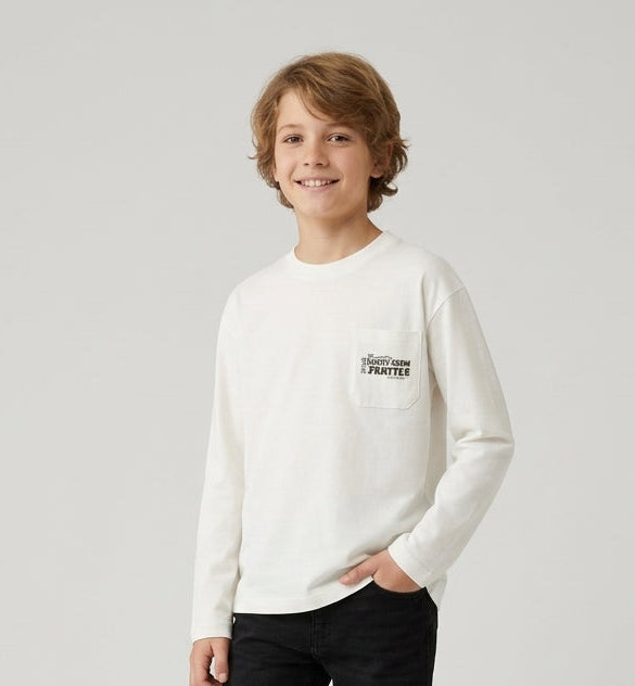 T-Shirt Manica Lunga Trevor in Cotone con Maxi Grafica Poster Bianca