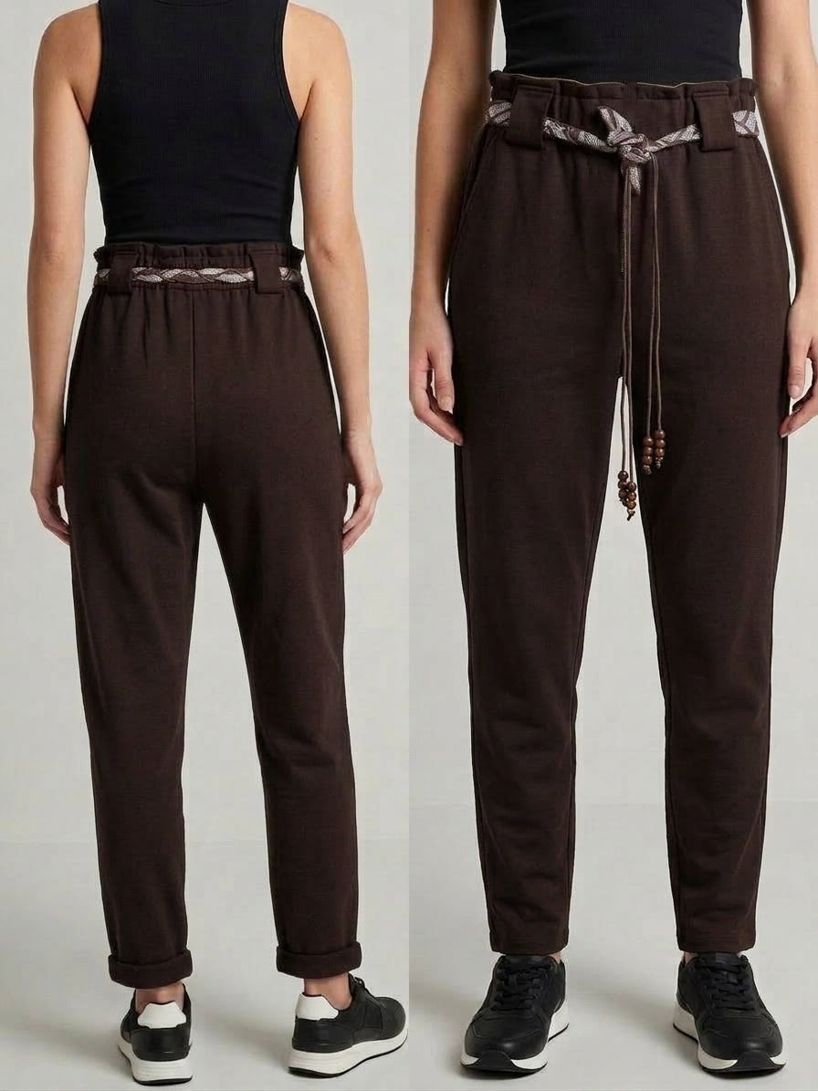Pantaloni Cioccolato Donna in Cotone Garzato Elasticizzato con Cinturino a Cordoncino