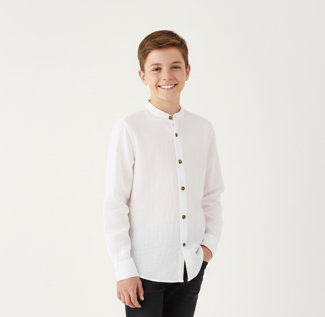 Camicia Amalfi Coreana in Misto Lino Bianca