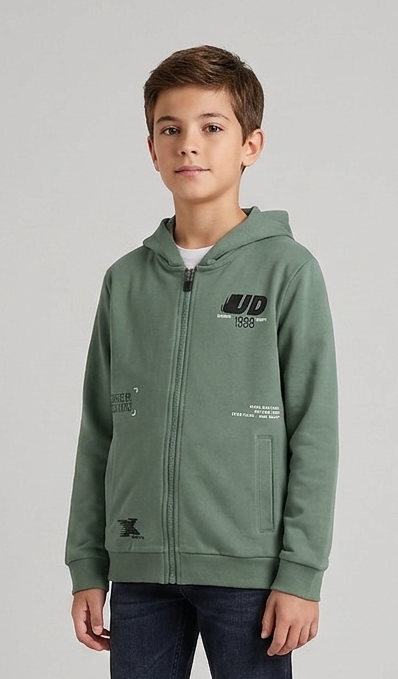 Felpa Garzata con Zip e Cappuccio Verde Salvia UD