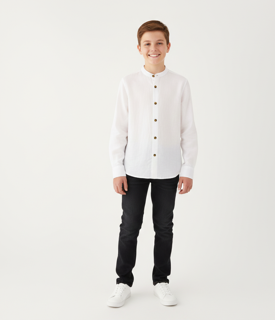 Camicia Amalfi Coreana in Misto Lino Bianca