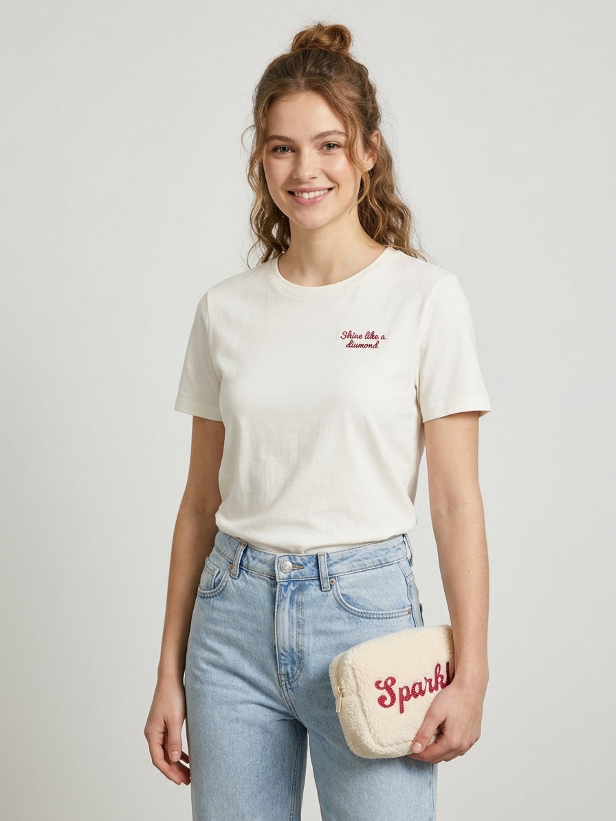 T-Shirt Holiday Panna con Scritta Shine like a diamond e Beauty Teddy Sparkle