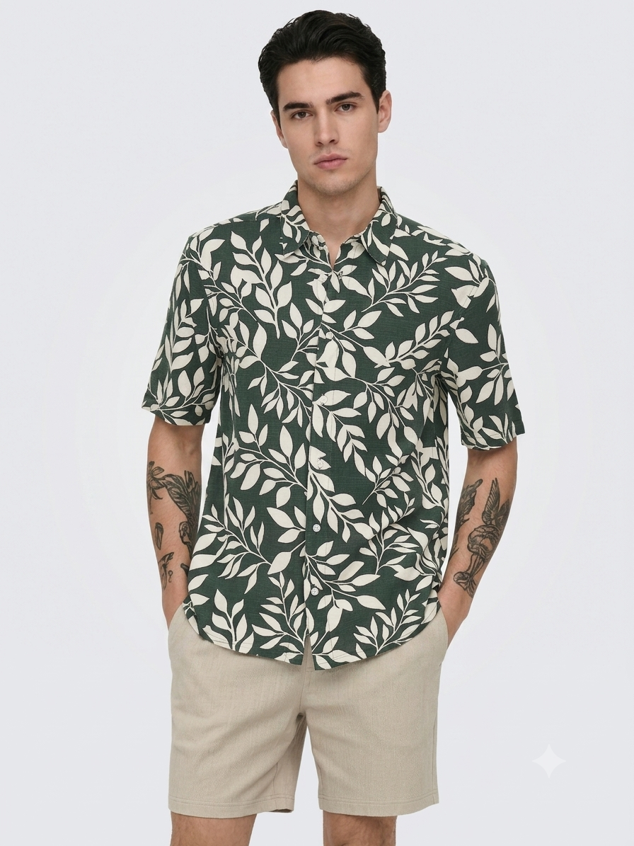 CAMICIA SHARVI LINO MANICA CORTA FOGLIE