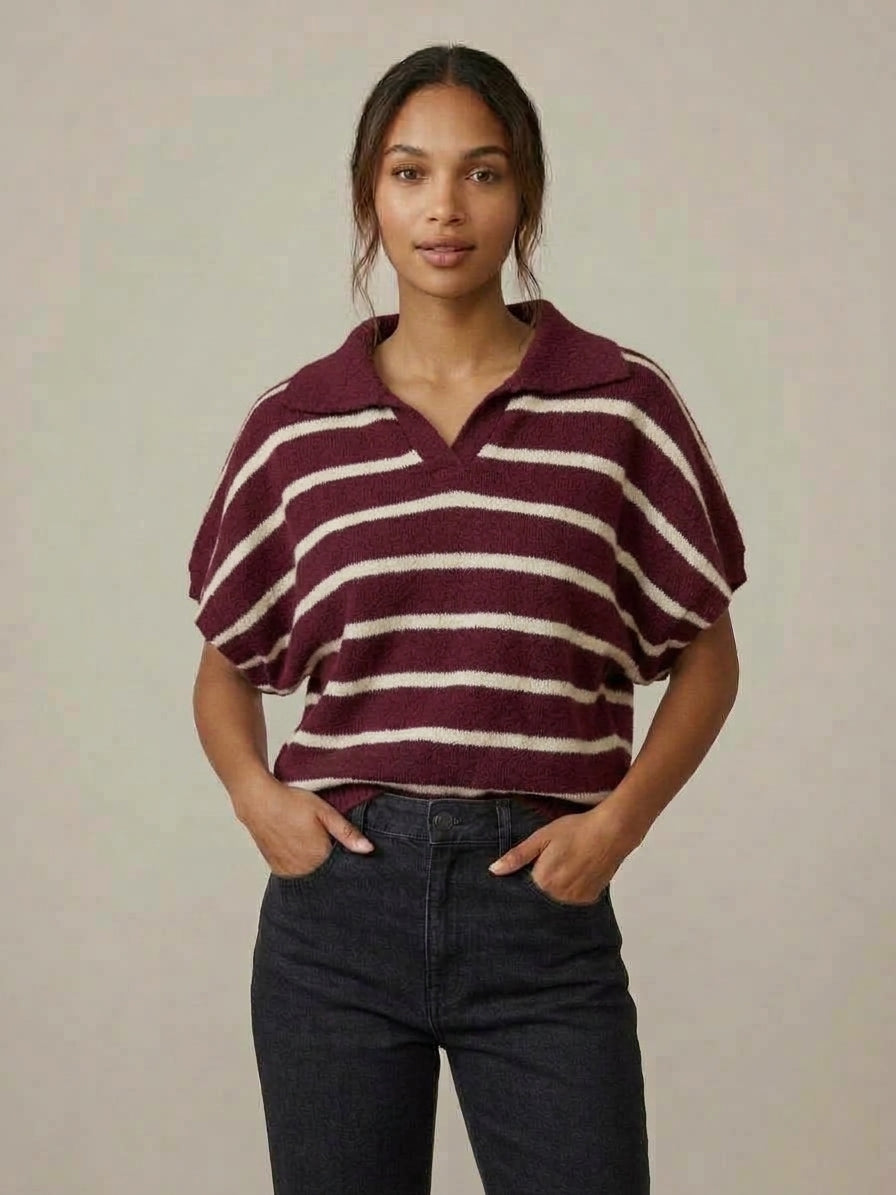 Maglia Polo Manica Corta Ingrid Misto Alpaca a Righe Bordeaux