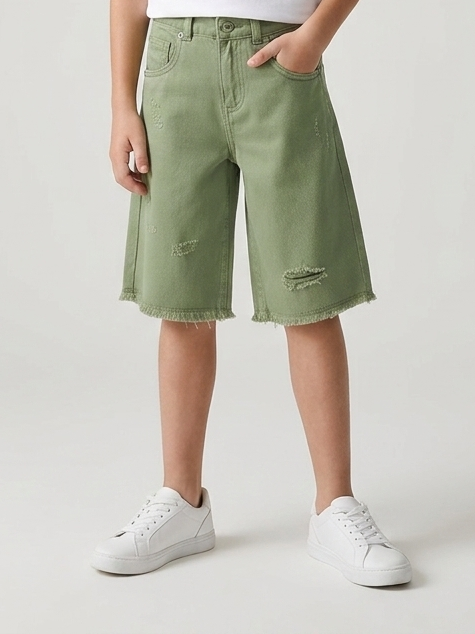 Shorts in Denim con Dettagli Distressed Verde Oliva