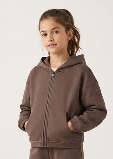 Felpa Garzata con Zip e Cappuccio Marrone Fango