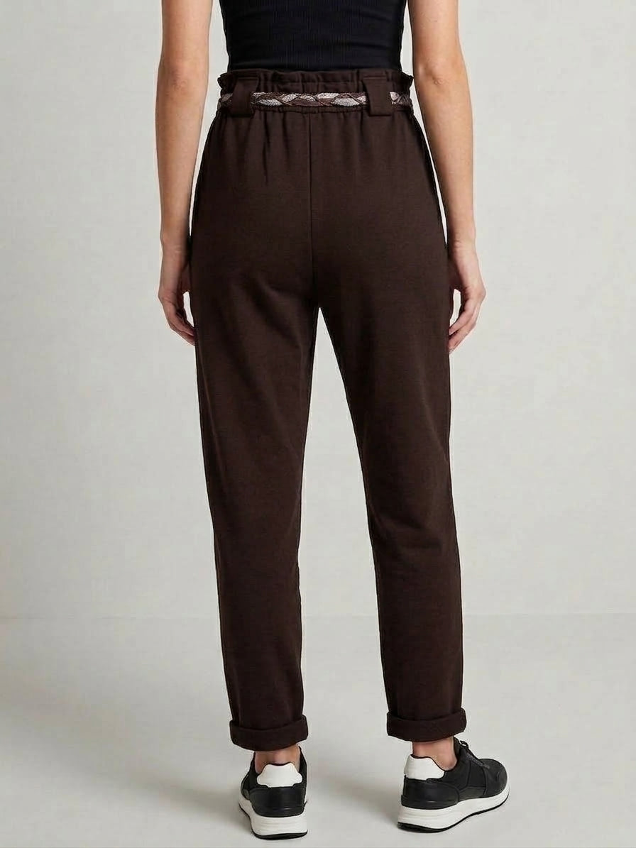 Pantaloni Cioccolato Donna in Cotone Garzato Elasticizzato con Cinturino a Cordoncino
