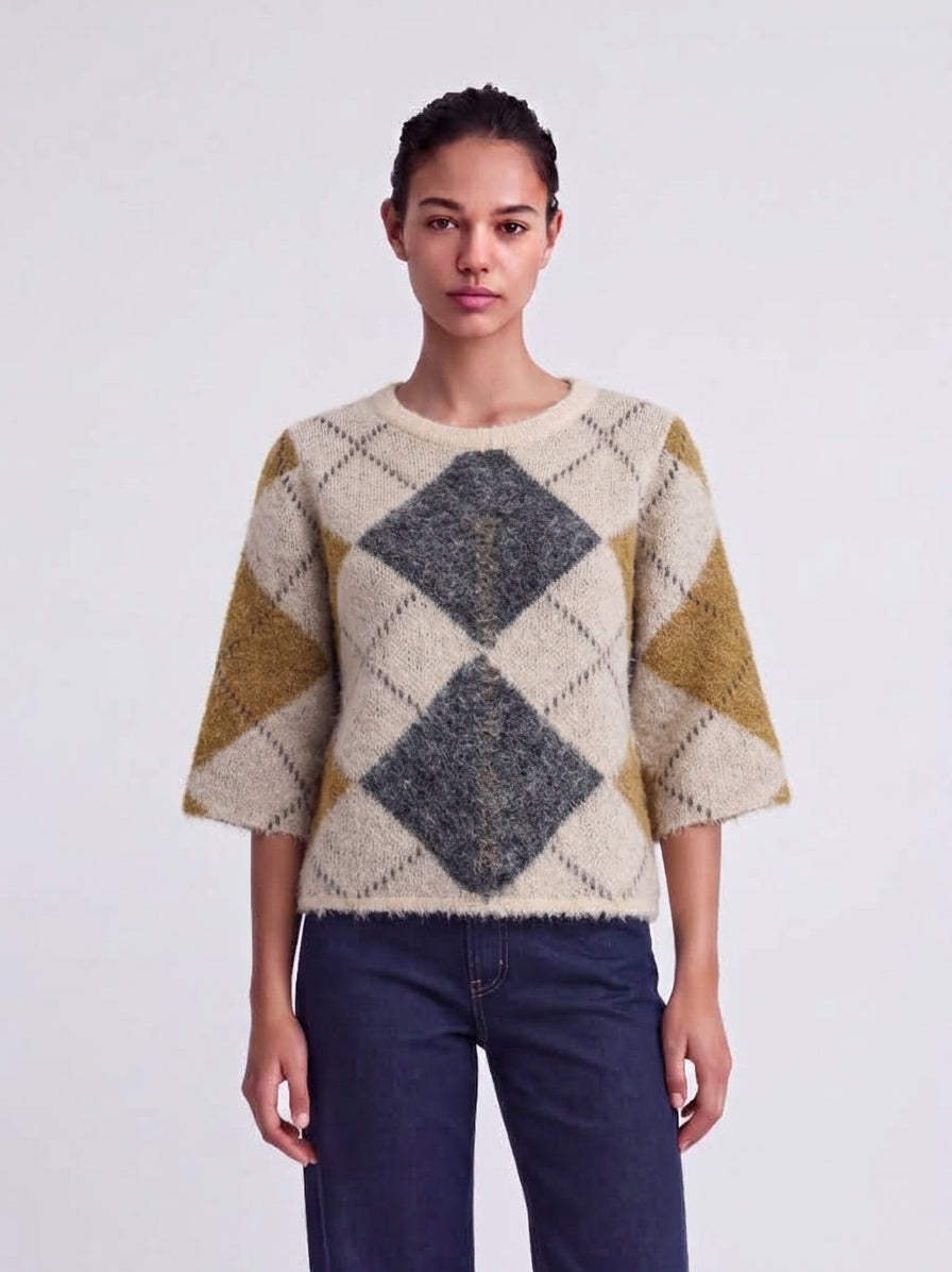 Maglione Only Noeme a Rombi a Manica Corta Panna, Antracite e Senape