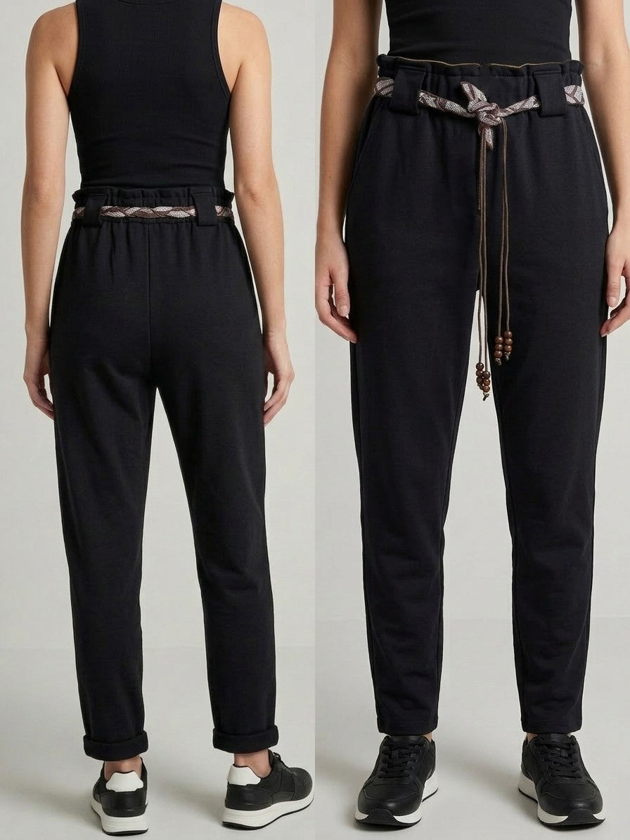 Pantaloni Neri Donna in Cotone garzatoElasticizzato con Cintura a Cordoncino