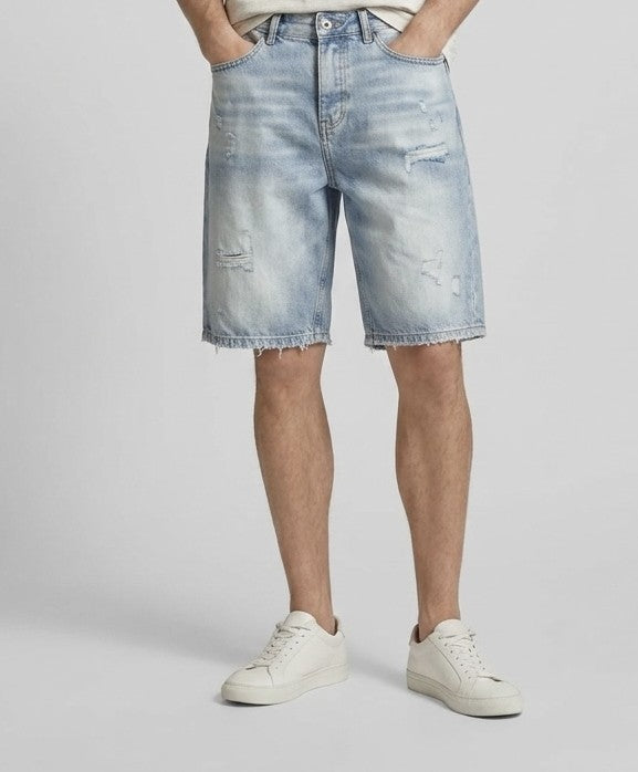 Short Monopoli in Denim Lavaggio Chiaro Ripped