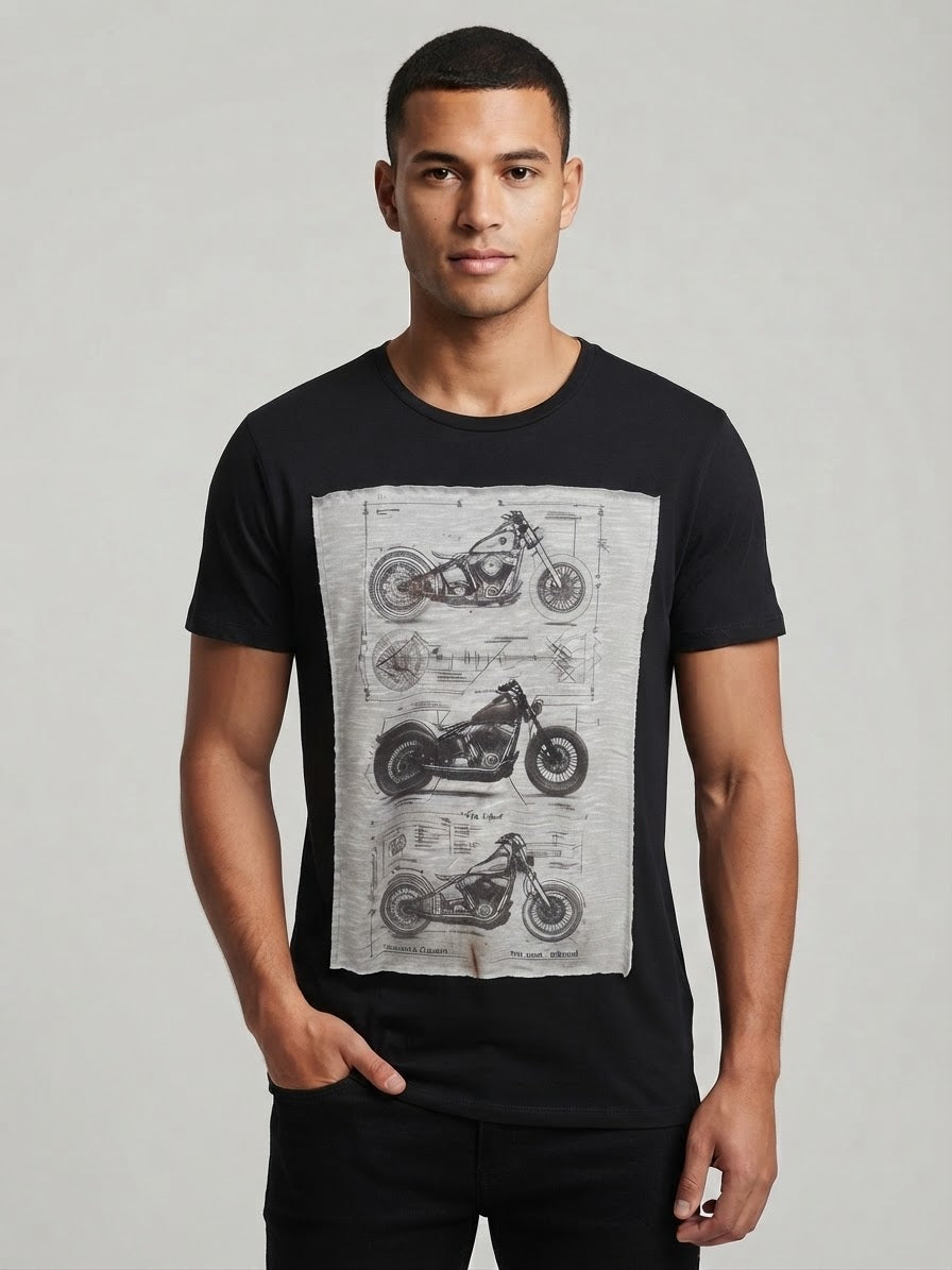 T-Shirt Patch Moto Stampa Vintage Nera
