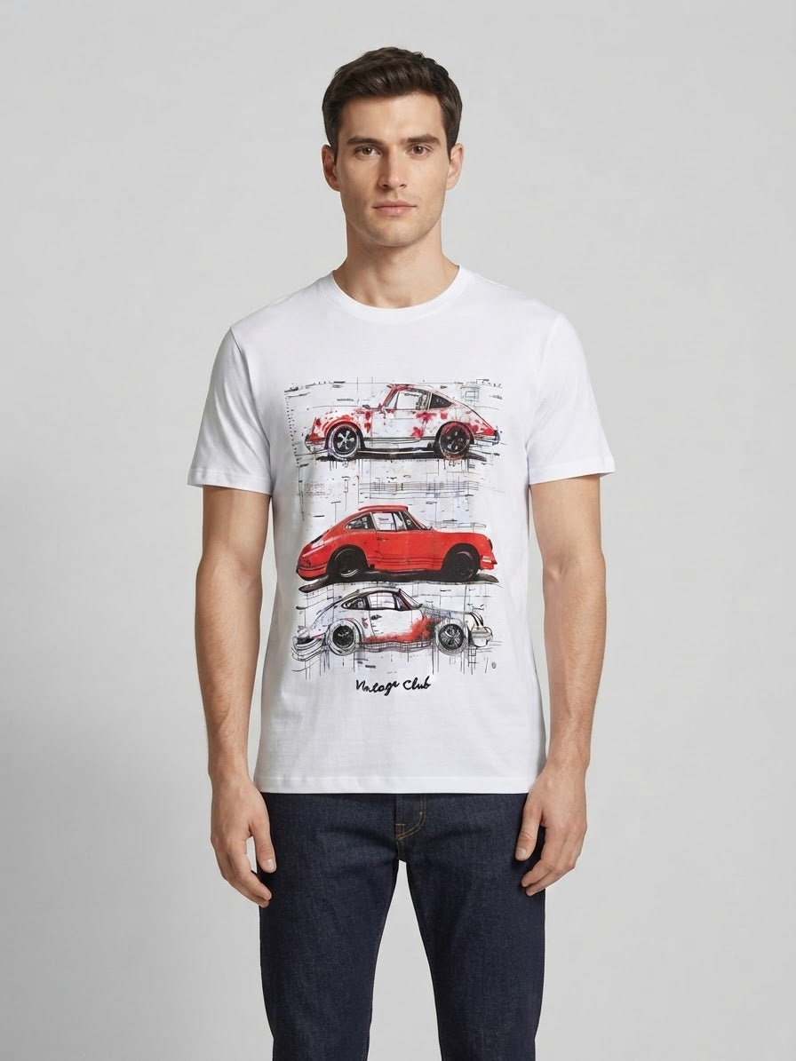 T-Shirt Uomo Bianca con Stampa Auto Vintage