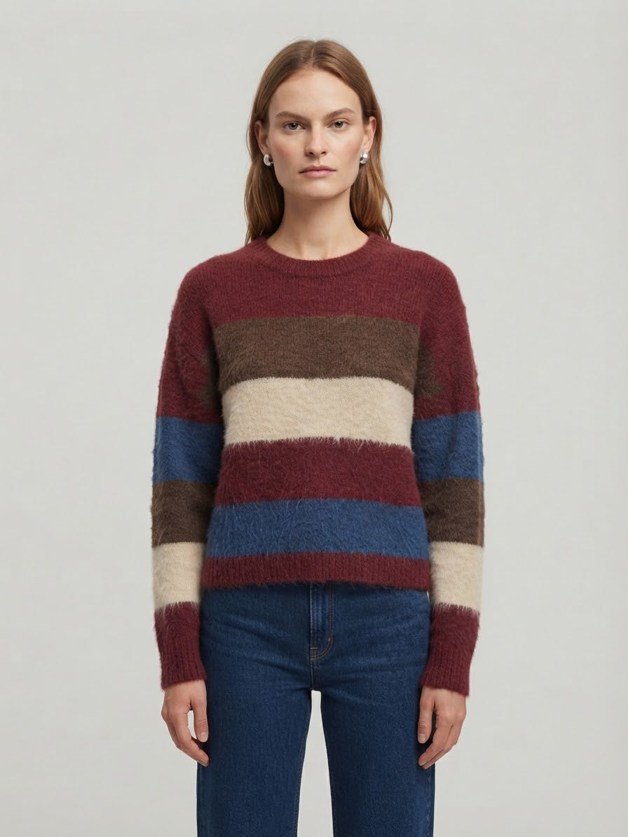 Maglione Girocollo Kira Fluffy a Righe Multicolore Bordeaux, Marrone, Panna e Blu