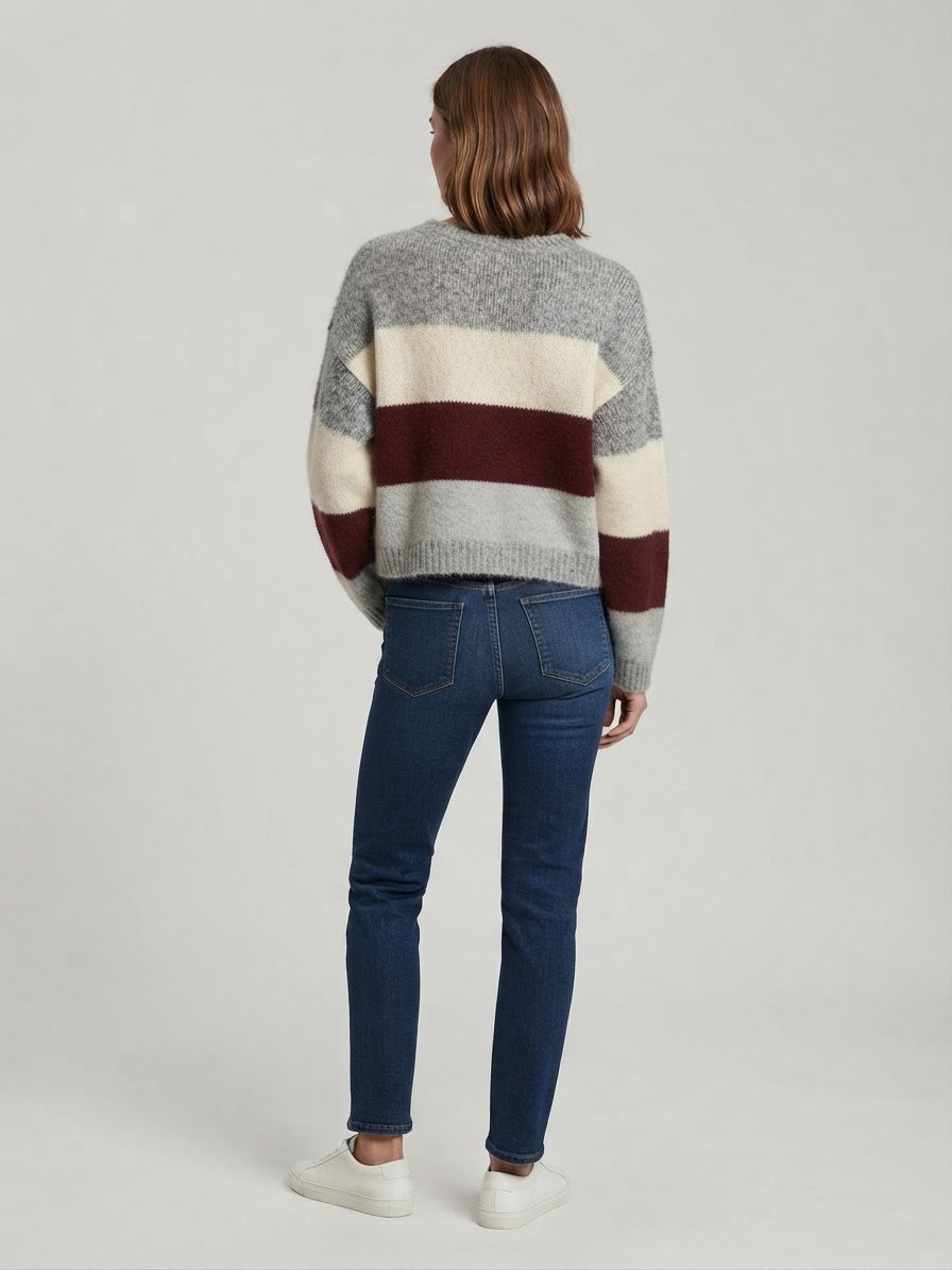 Maglione Girocollo Kira Fluffy a Righe Multicolore Grigio Melange, Panna e Bordeaux