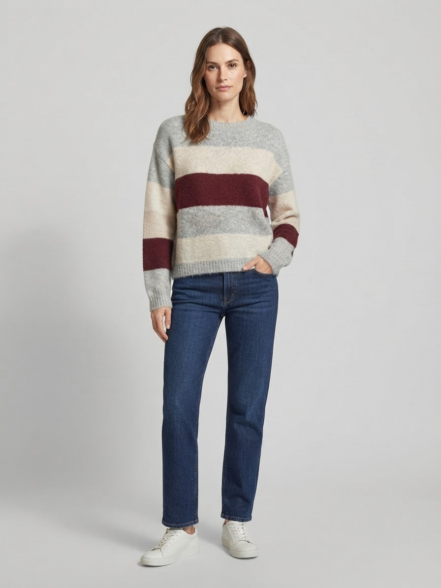 Maglione Girocollo Kira Fluffy a Righe Multicolore Grigio Melange, Panna e Bordeaux
