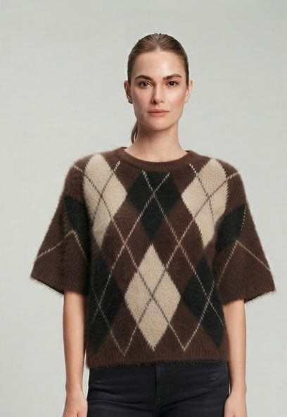 Maglione Only Noeme a Rombi a Manica Corta Marrone, Beige e Nero