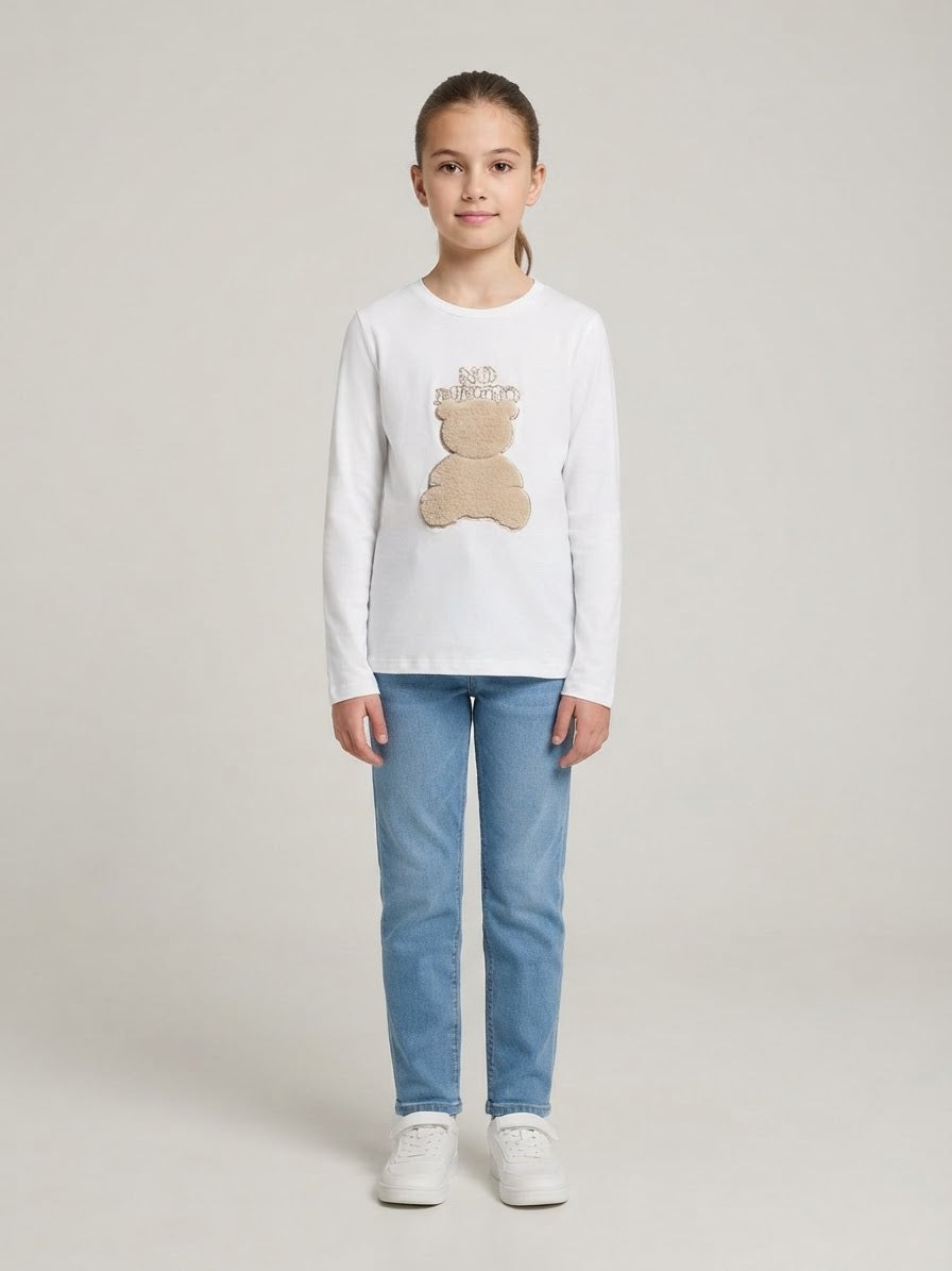 T-Shirt Teddy Panna Manica Lunga con Orsetto in Relievo