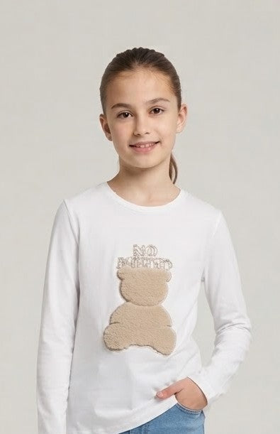 T-Shirt Teddy Panna Manica Lunga con Orsetto in Relievo
