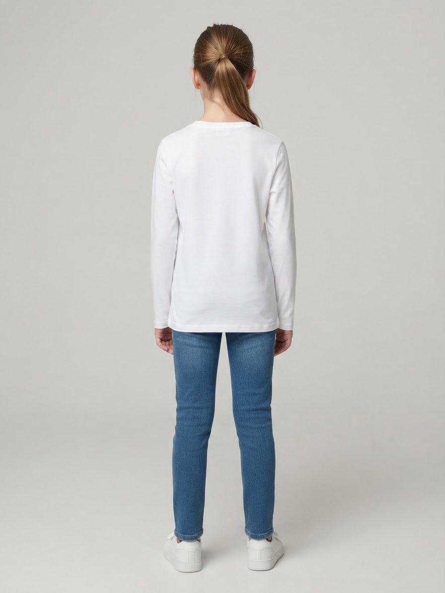 T-Shirt Teddy Panna Manica Lunga con Orsetto in Relievo