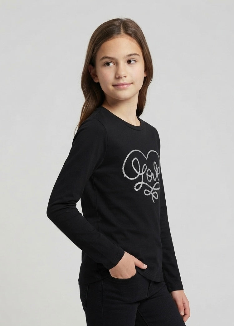 T-Shirt Alice Nera Manica Lunga con Cuore Love