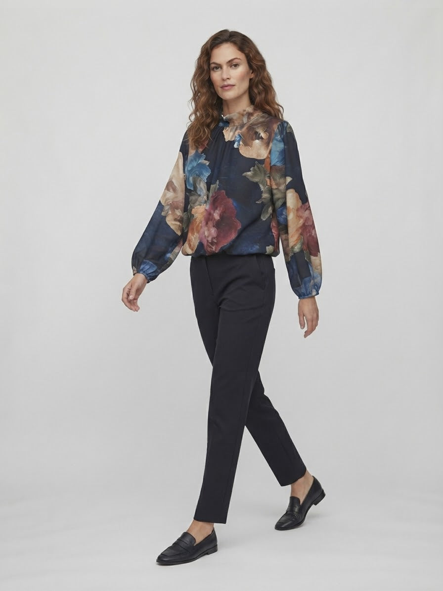 Blusa Evelyn Georgette Stampa Floreale Blu Notte
