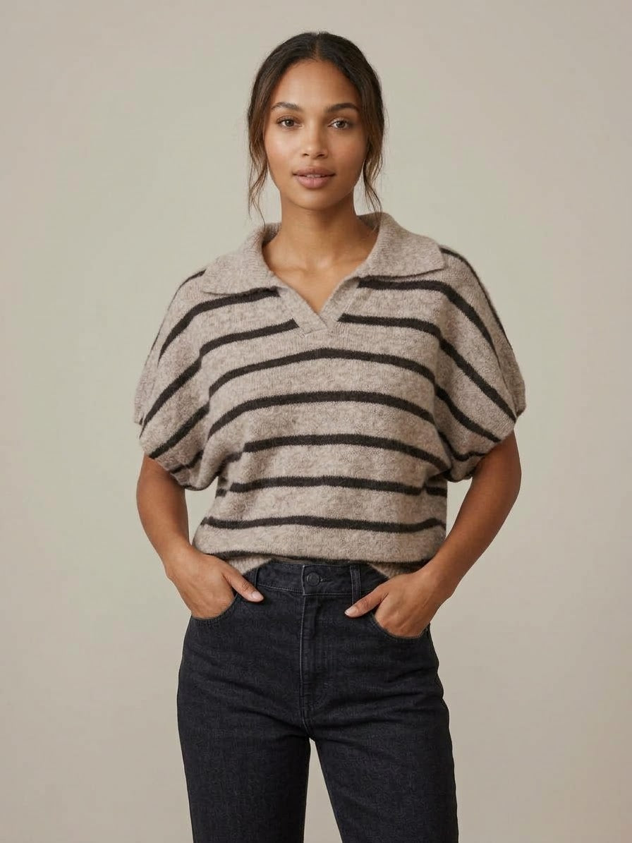Maglia Polo Manica Corta Ingrid Misto Alpaca a Righe Tortora e Marrone