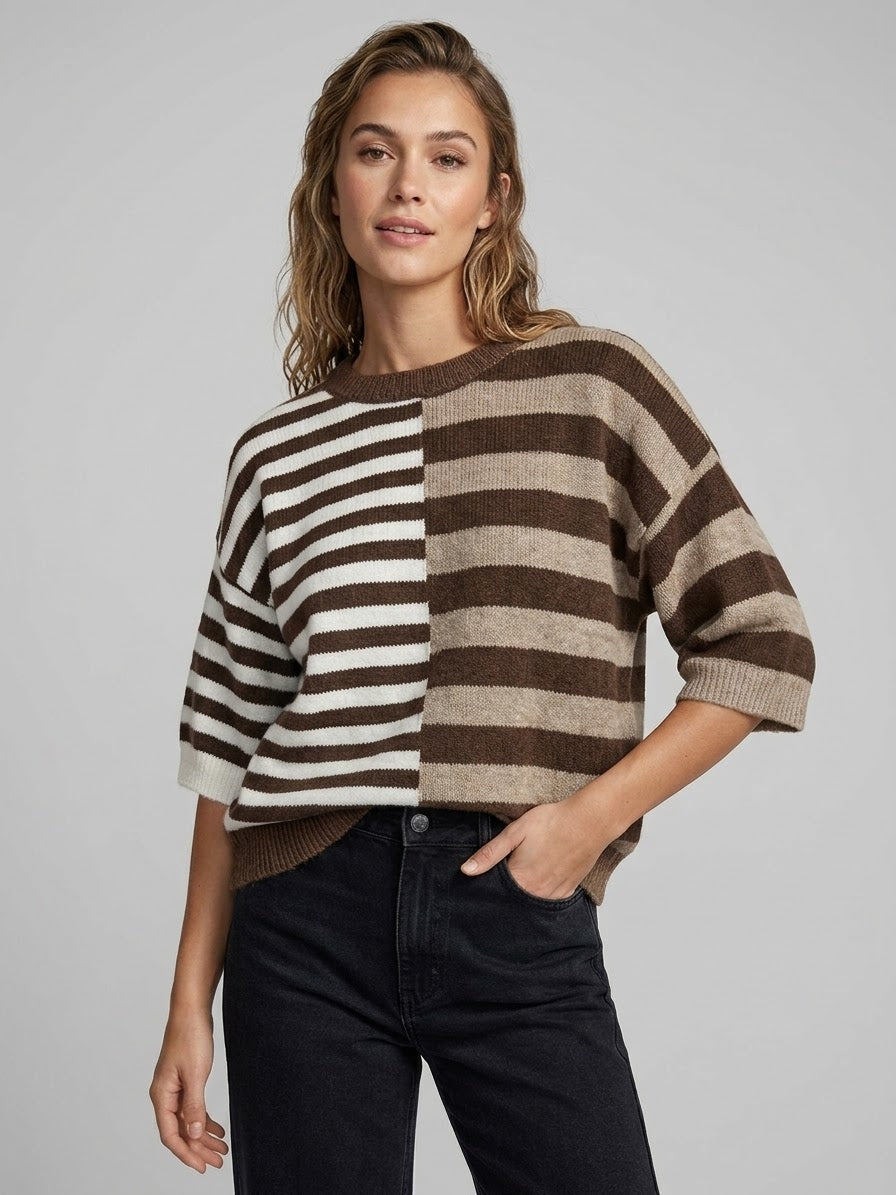 Maglia Manica Corta Freja Color Block a Righe Marrone e Panna