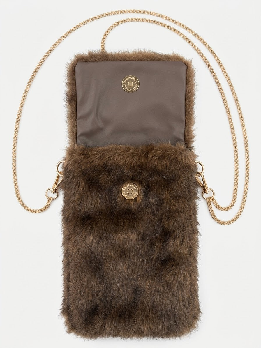 Borsa Tracolla Porta Cellulare Chloe in Ecopelliccia Marrone con Catena Dorata